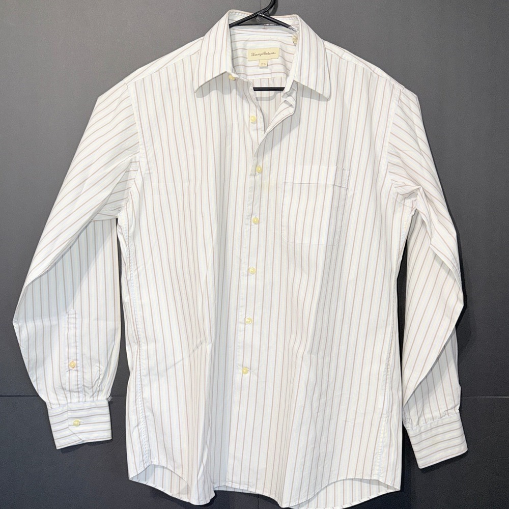 Tommy Bahama Mens Striped Long Sleeve Button Down Shirt White Tan 15.5 34-35